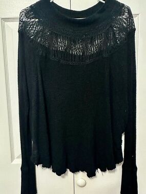 Free People Black Lace Yoke Knit Top